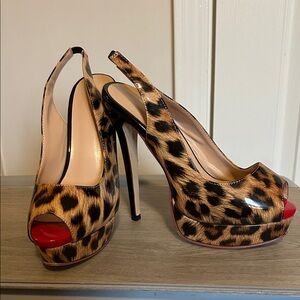 Leopard Print Peep-Toe Platform Slingback Heels - Brown/Red